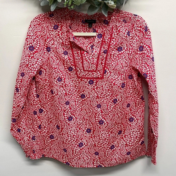 NWOT Talbots Smocked Shoulder Top Red Flowing Branches Long Sleeve XS - Picture 2 of 16